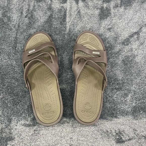 Crocs Iconic Comfort Women’s Brown STRAPPY Slip On Wedged Slides size 9 - Picture 4 of 7